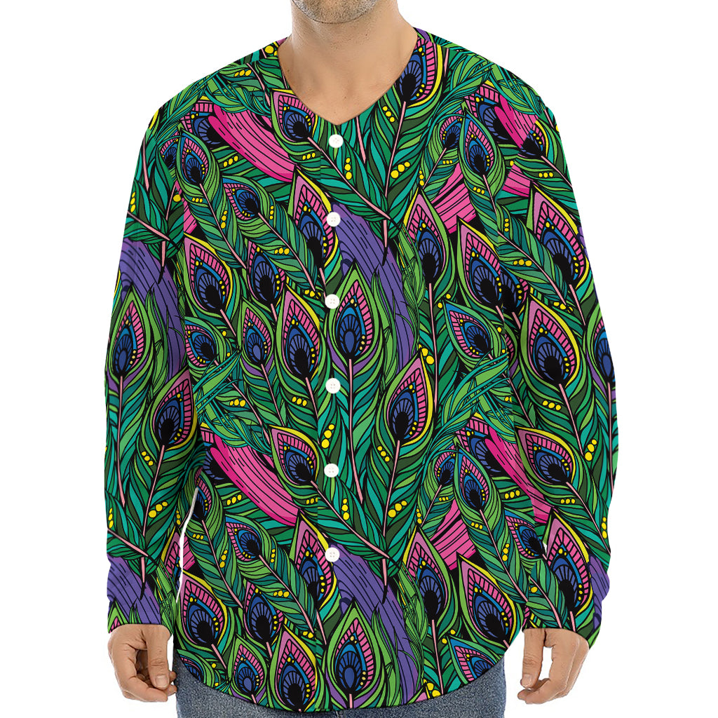 Boho Peacock Feather Pattern Print Long Sleeve Baseball Jersey