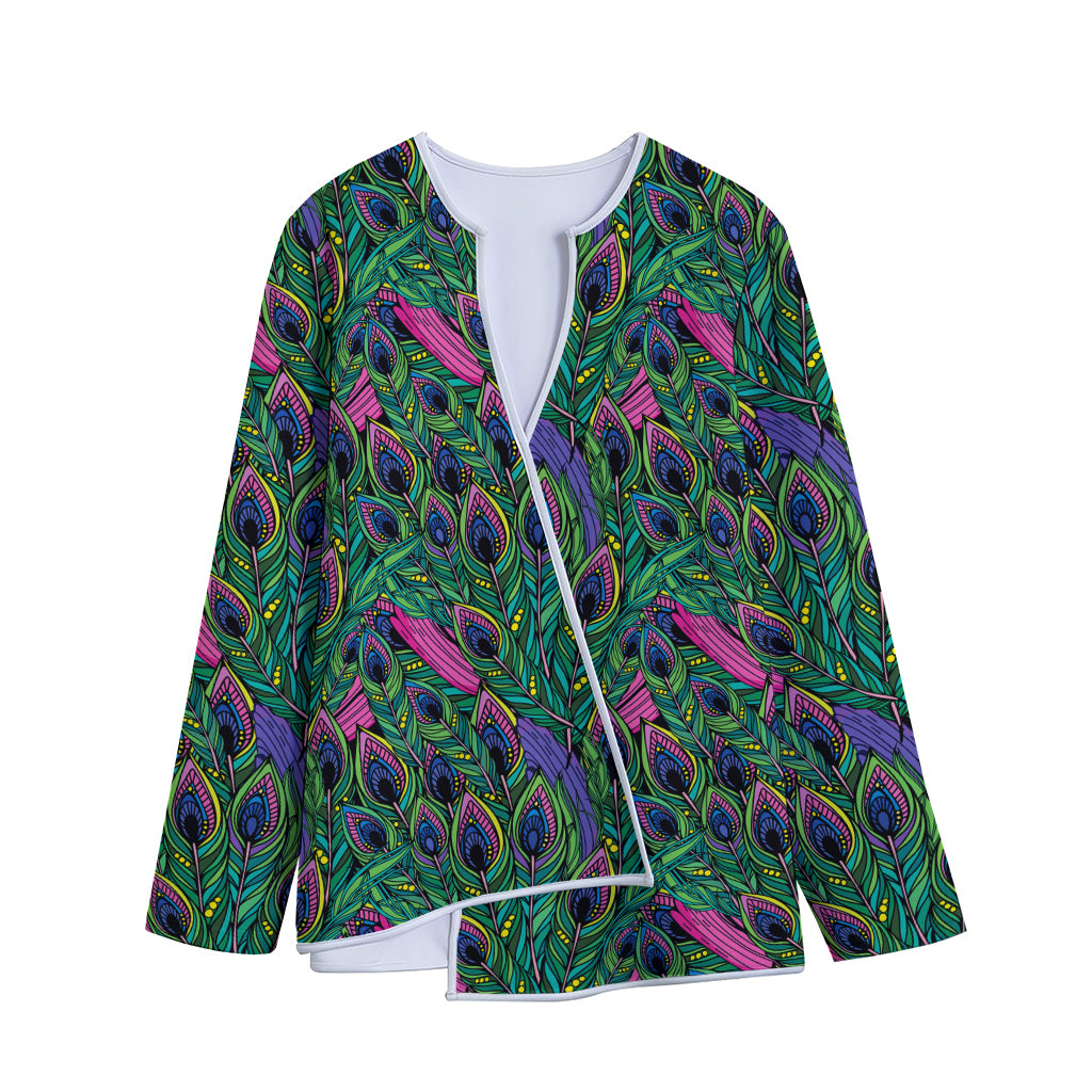 Boho Peacock Feather Pattern Print Long Sleeve Short Coat