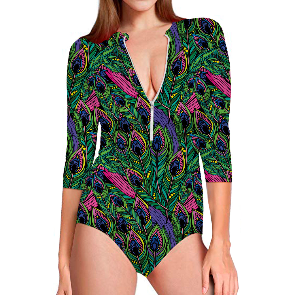 Boho Peacock Feather Pattern Print Long Sleeve Swimsuit