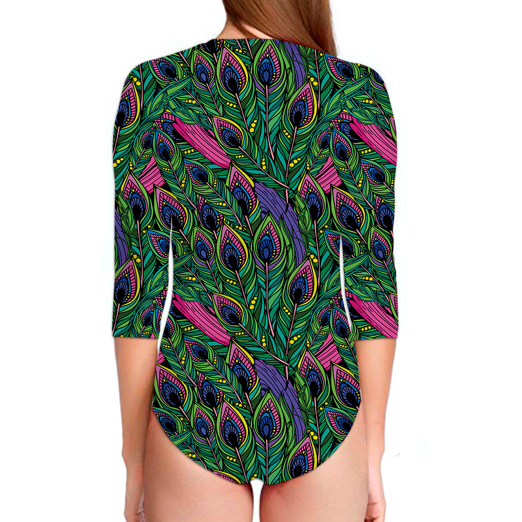 Boho Peacock Feather Pattern Print Long Sleeve Swimsuit