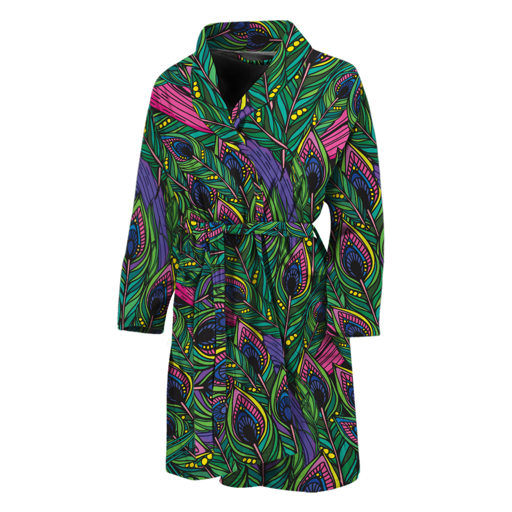 Boho Peacock Feather Pattern Print Men's Bathrobe