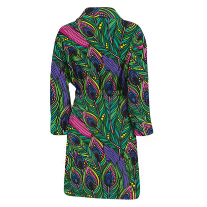 Boho Peacock Feather Pattern Print Men's Bathrobe