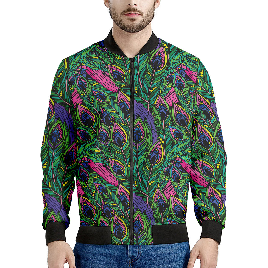 Men s Boho Peacock Feather Bomber Jacket