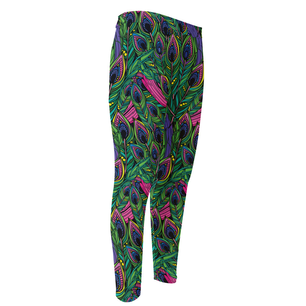 Boho Peacock Feather Pattern Print Men's Compression Pants