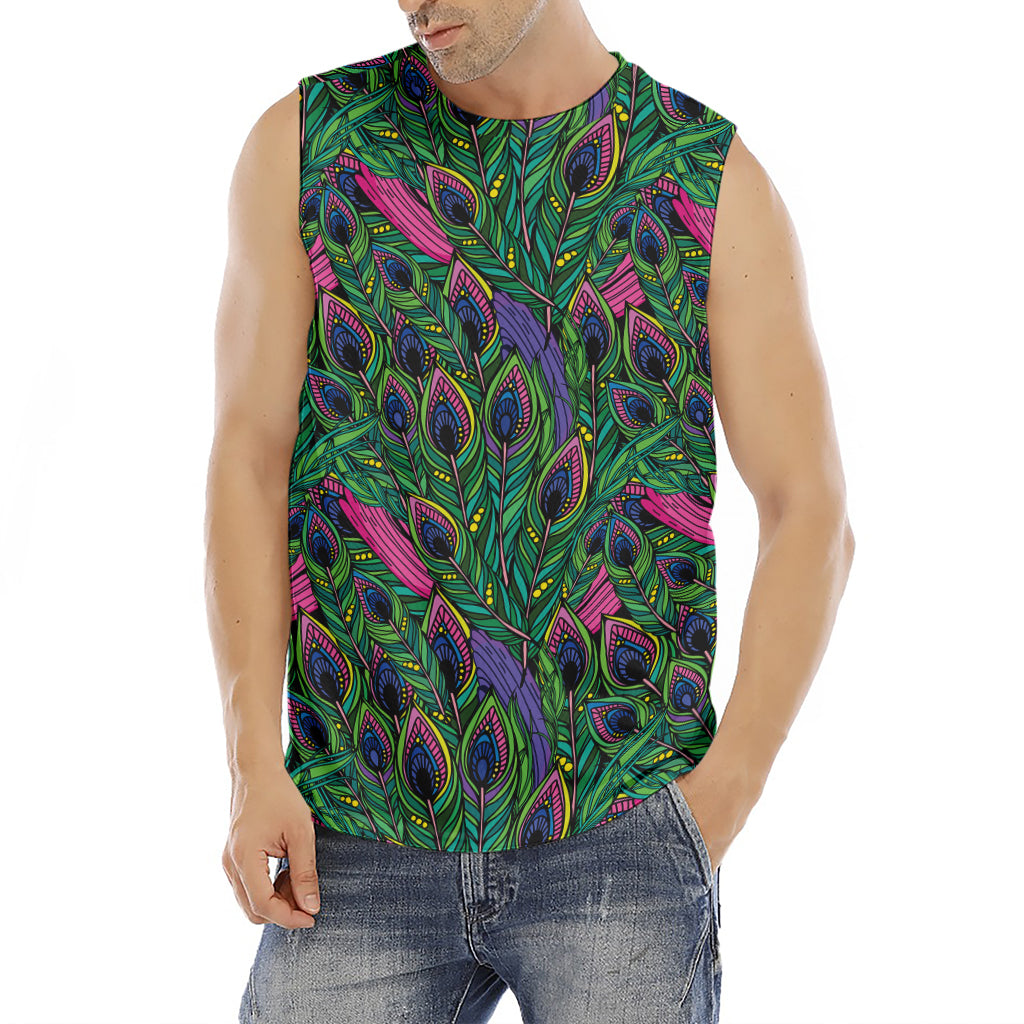 Boho Peacock Feather Pattern Print Men's Fitness Tank Top