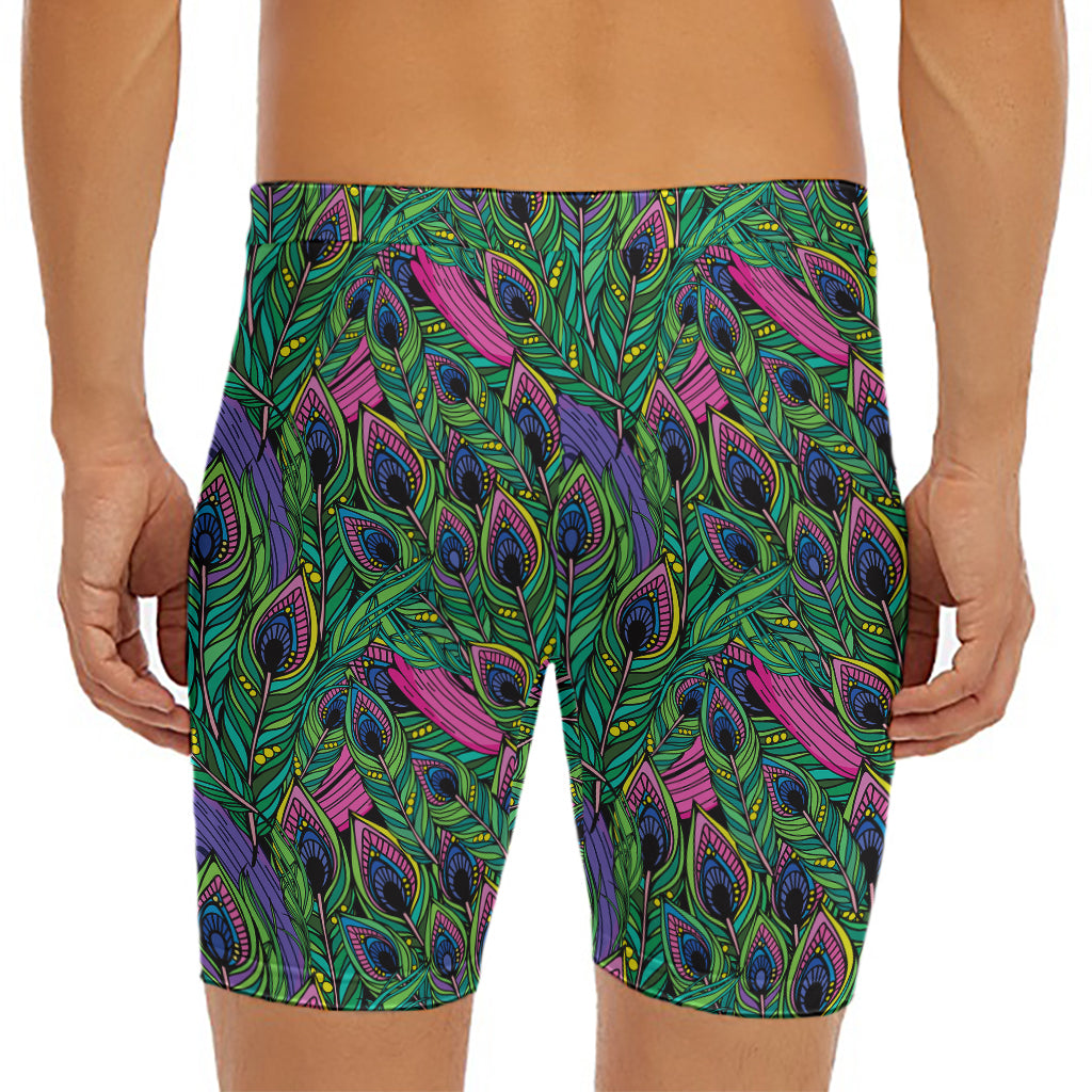 Boho Peacock Feather Pattern Print Men's Long Boxer Briefs