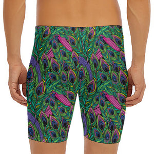 Boho Peacock Feather Pattern Print Men's Long Boxer Briefs