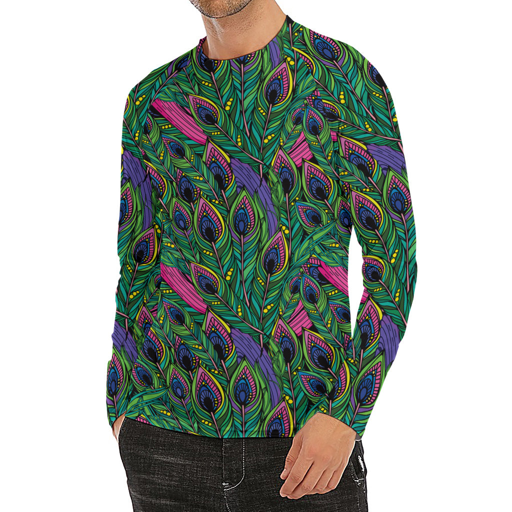 Boho Peacock Feather Pattern Print Men's Long Sleeve Rash Guard