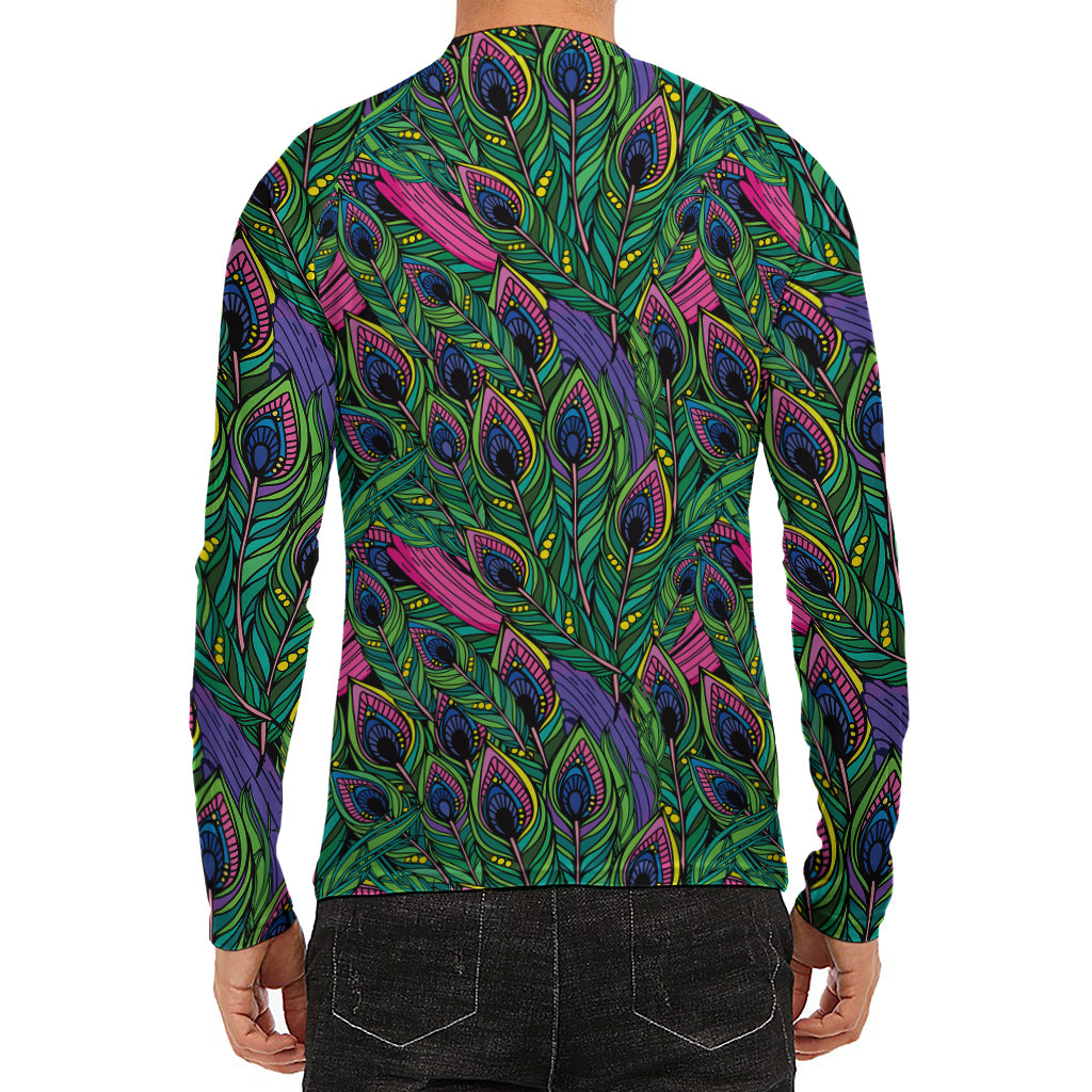 Boho Peacock Feather Pattern Print Men's Long Sleeve Rash Guard