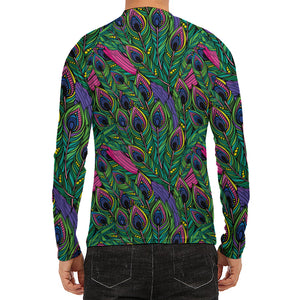 Boho Peacock Feather Pattern Print Men's Long Sleeve Rash Guard