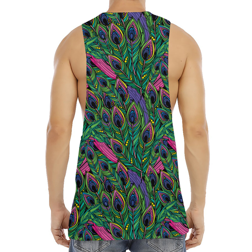 Boho Peacock Feather Pattern Print Men's Muscle Tank Top