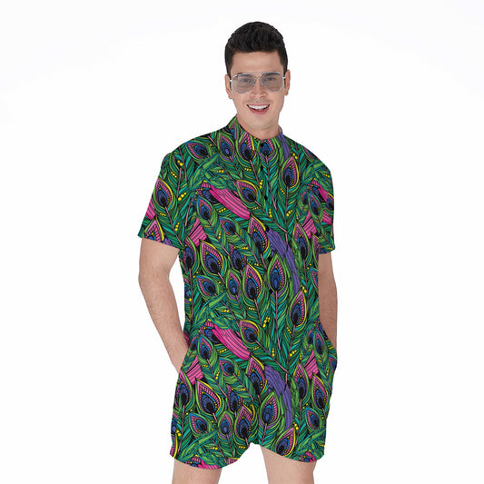 Boho Peacock Feather Pattern Print Men's Rompers
