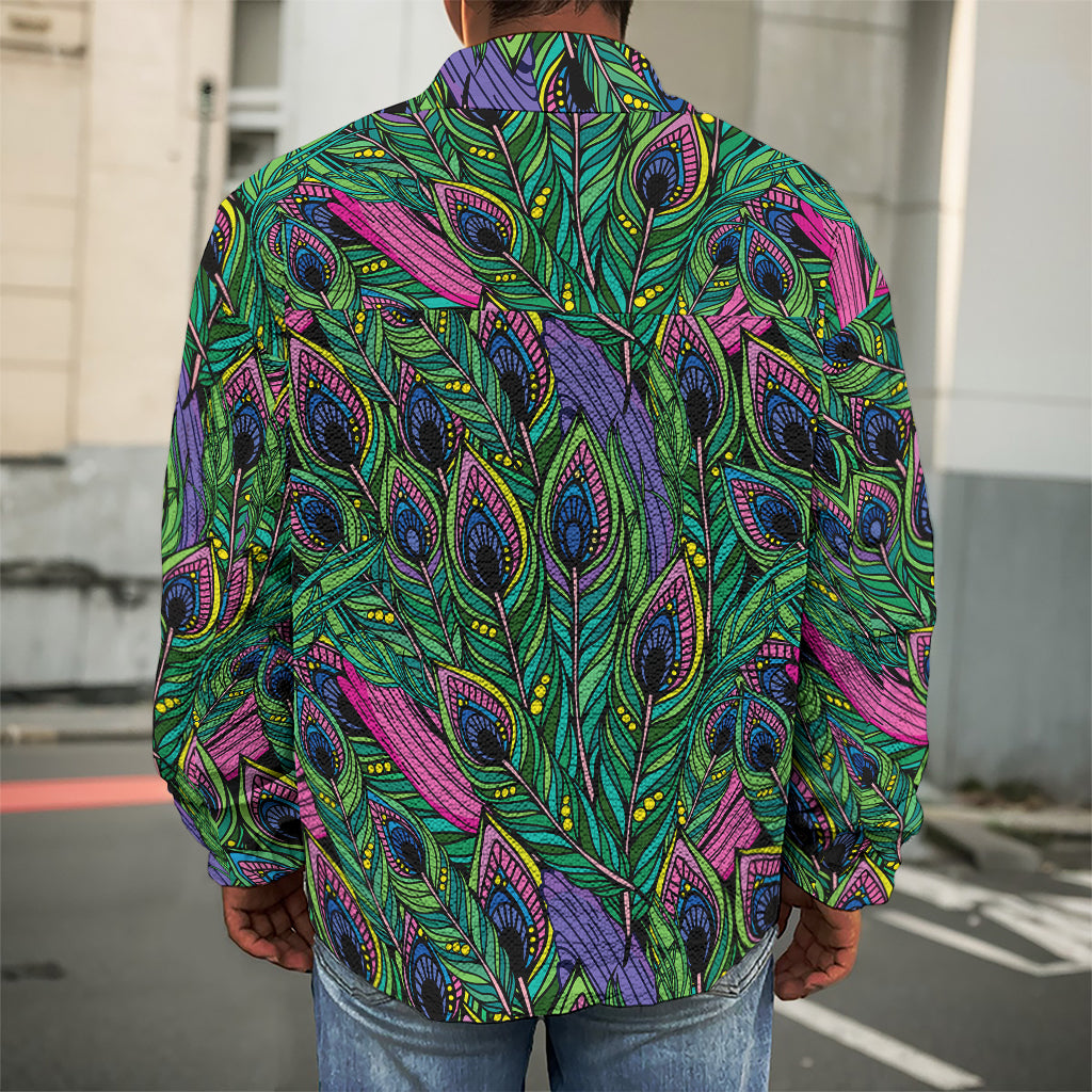 Boho Peacock Feather Pattern Print Men's Shirt Jacket