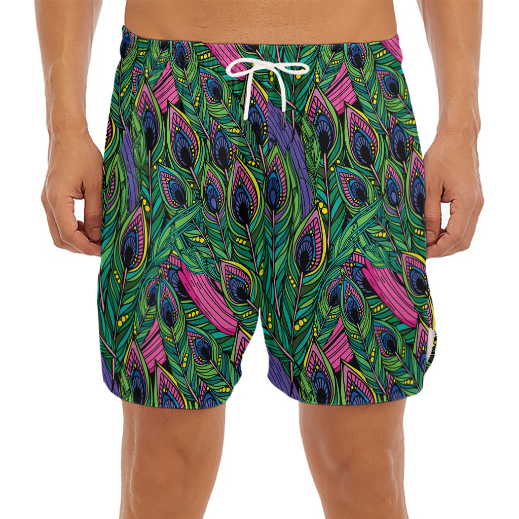 Boho Peacock Feather Pattern Print Men's Split Running Shorts