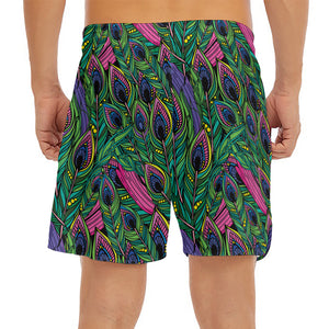 Boho Peacock Feather Pattern Print Men's Split Running Shorts