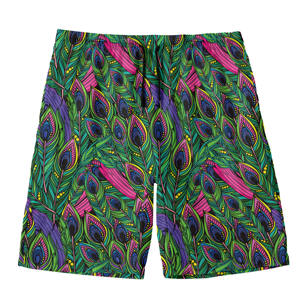 Boho Peacock Feather Pattern Print Men's Swim Trunks