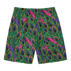 Boho Peacock Feather Pattern Print Men's Swim Trunks