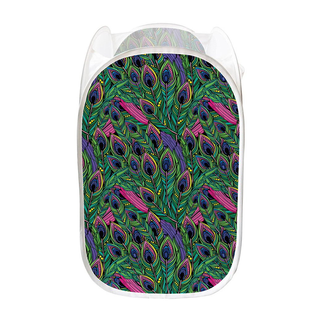 Boho Peacock Feather Pattern Print Mesh Laundry Hamper
