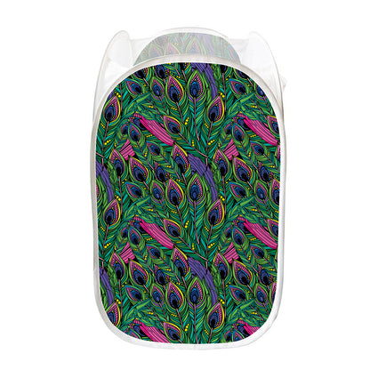 Boho Peacock Feather Pattern Print Mesh Laundry Hamper