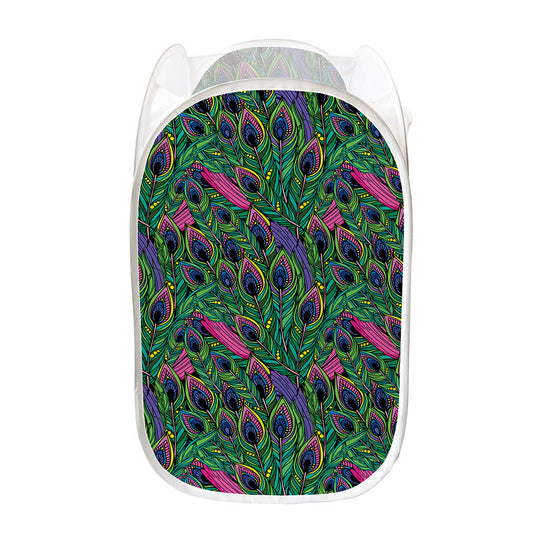 Boho Peacock Feather Pattern Print Mesh Laundry Hamper