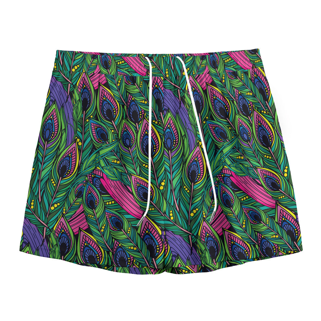 Boho Peacock Feather Pattern Print Mesh Shorts