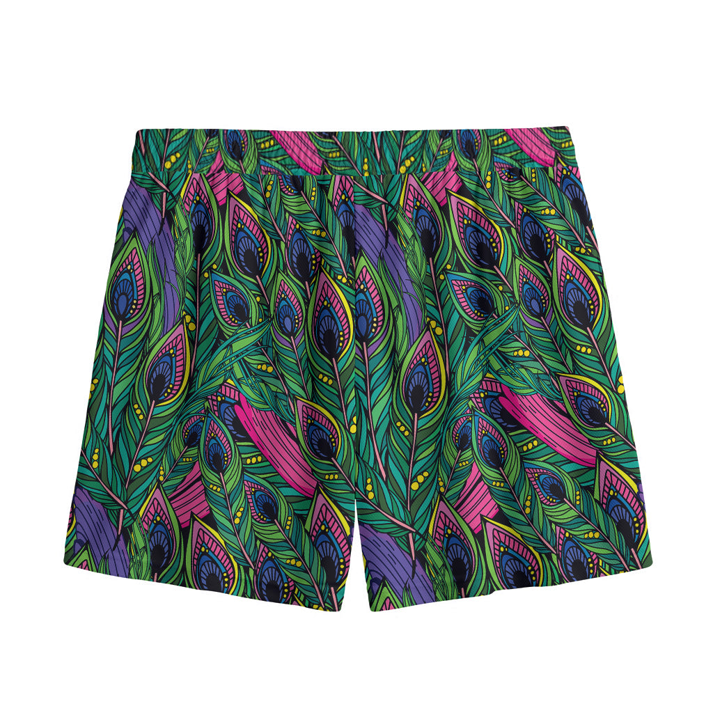 Boho Peacock Feather Pattern Print Mesh Shorts