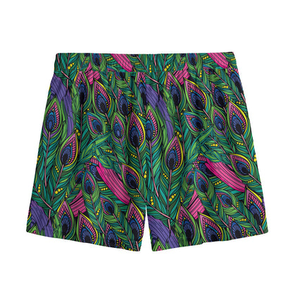Boho Peacock Feather Pattern Print Mesh Shorts