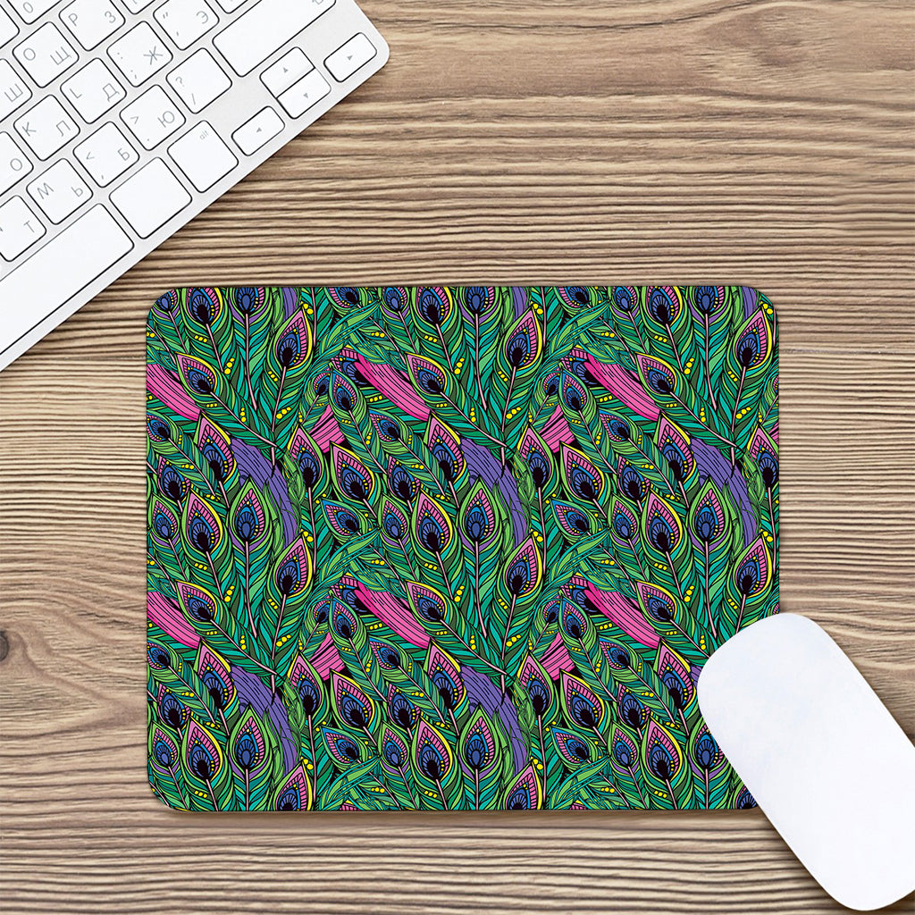 Boho Peacock Feather Pattern Print Mouse Pad