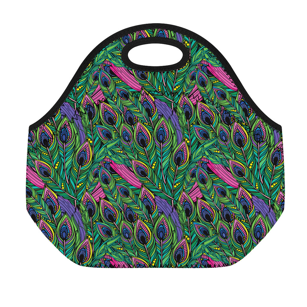 Boho Peacock Feather Pattern Print Neoprene Lunch Bag