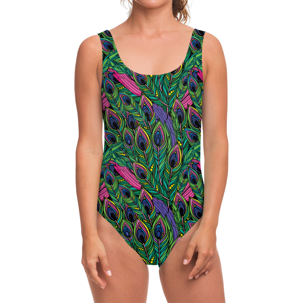 Boho Peacock Feather Pattern Print One Piece Swimsuit