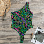 Boho Peacock Feather Pattern Print One Shoulder Bodysuit