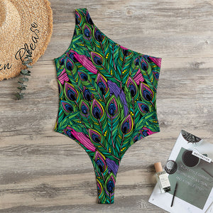 Boho Peacock Feather Pattern Print One Shoulder Bodysuit