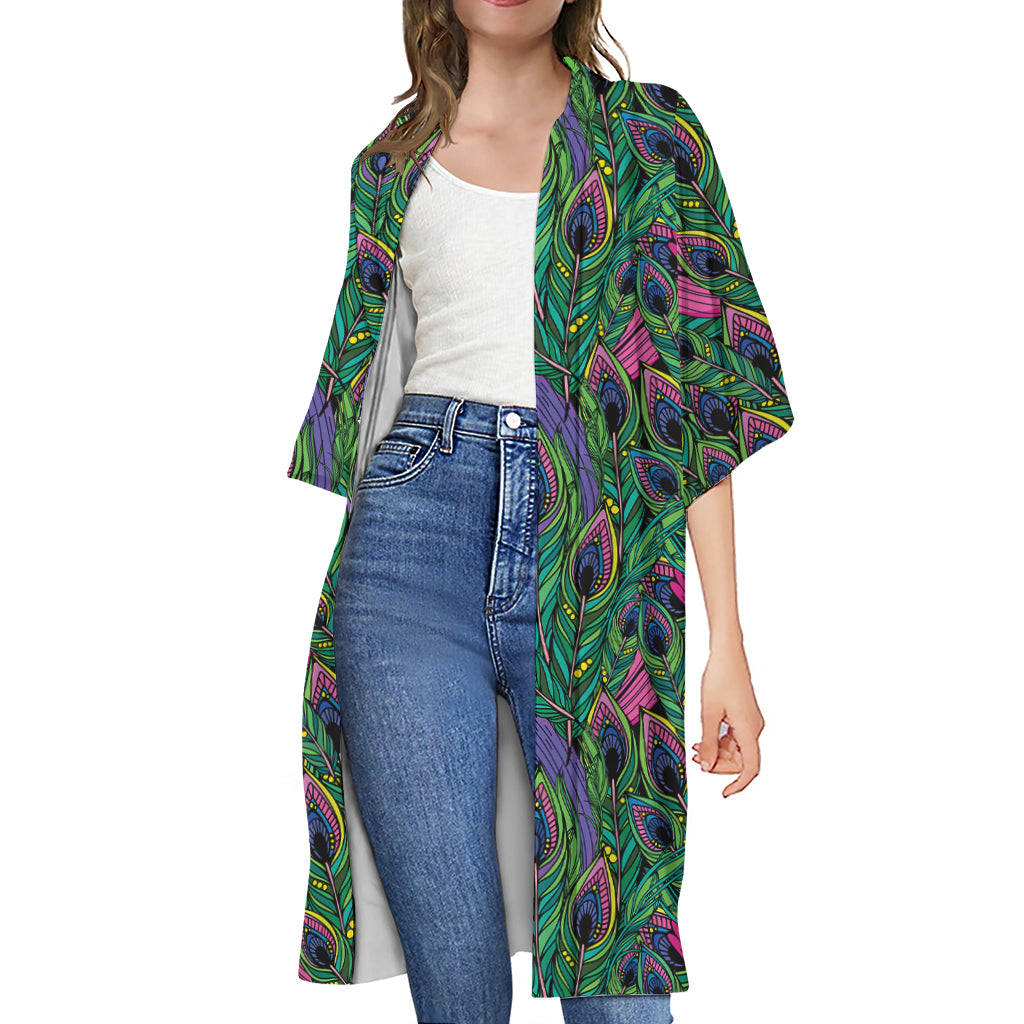 Boho Peacock Feather Pattern Print Open Front Beach Cover Up