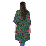 Boho Peacock Feather Pattern Print Open Front Beach Cover Up