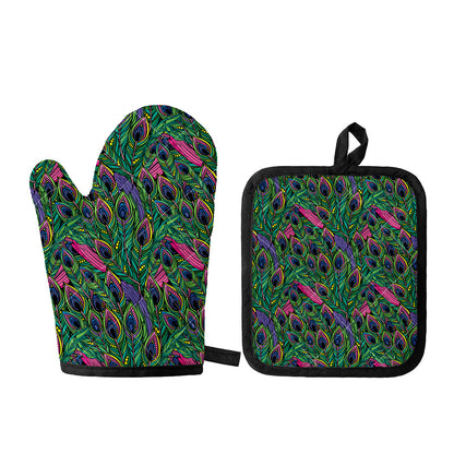 Boho Peacock Feather Pattern Print Oven Mitt And Pot Holder Set