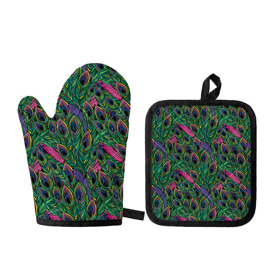 Boho Peacock Feather Pattern Print Oven Mitt And Pot Holder Set