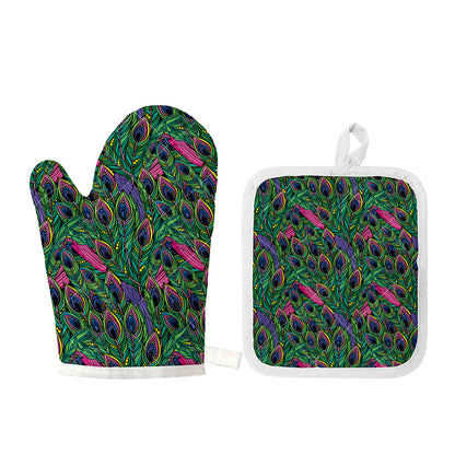 Boho Peacock Feather Pattern Print Oven Mitt And Pot Holder Set