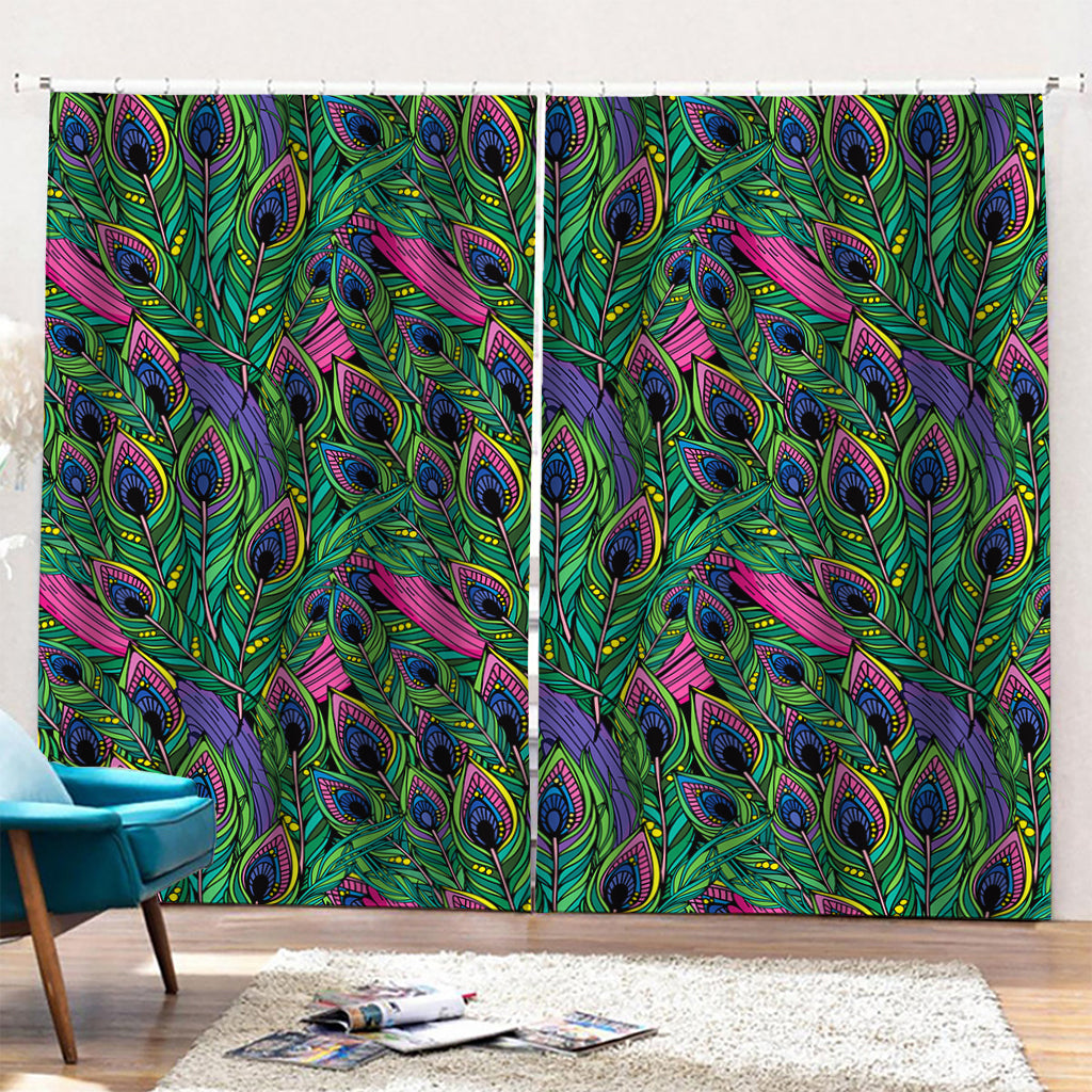 Boho Peacock Feather Pattern Print Pencil Pleat Curtains