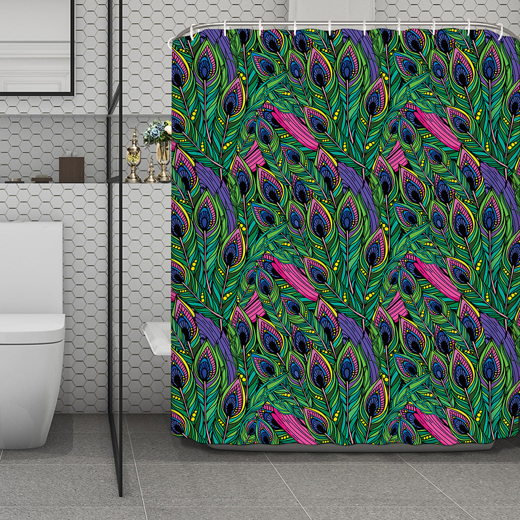 Boho Peacock Feather Pattern Print Polyester Shower Curtain