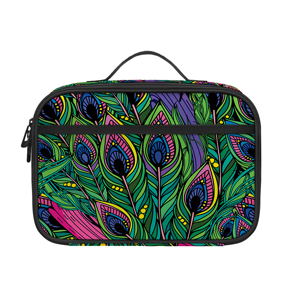Boho Peacock Feather Pattern Print Portable Lunch Bag