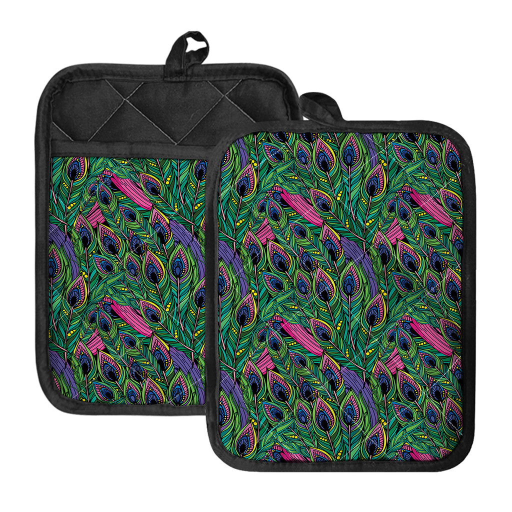 Boho Peacock Feather Pattern Print Pot Holders With Pocket