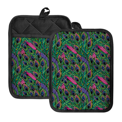 Boho Peacock Feather Pattern Print Pot Holders With Pocket