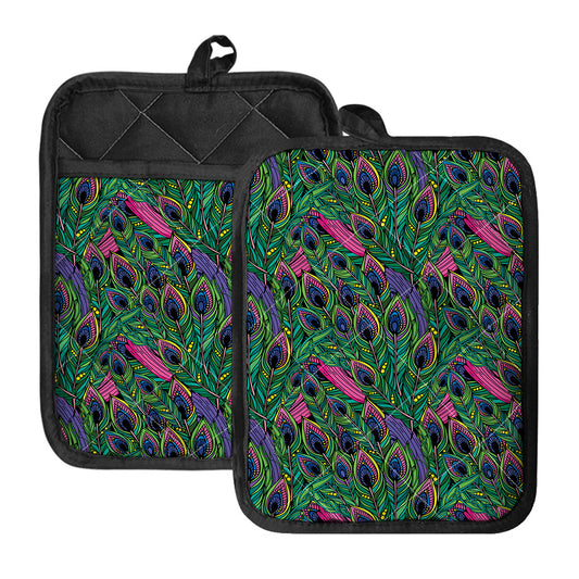 Boho Peacock Feather Pattern Print Pot Holders With Pocket