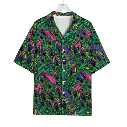 Boho Peacock Feather Pattern Print Rayon Hawaiian Shirt