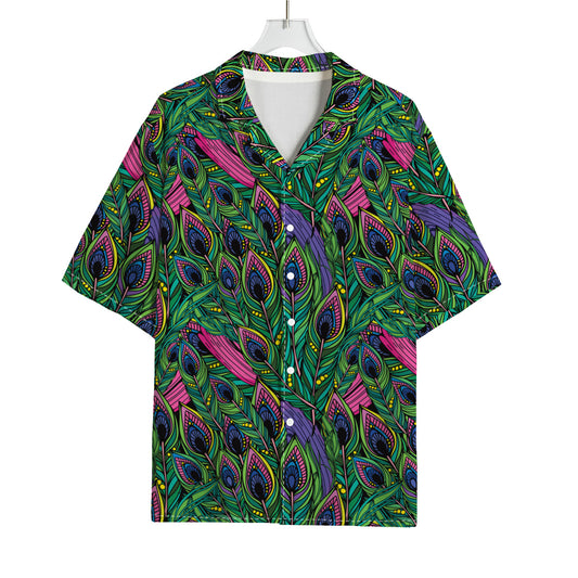 Boho Peacock Feather Pattern Print Rayon Hawaiian Shirt