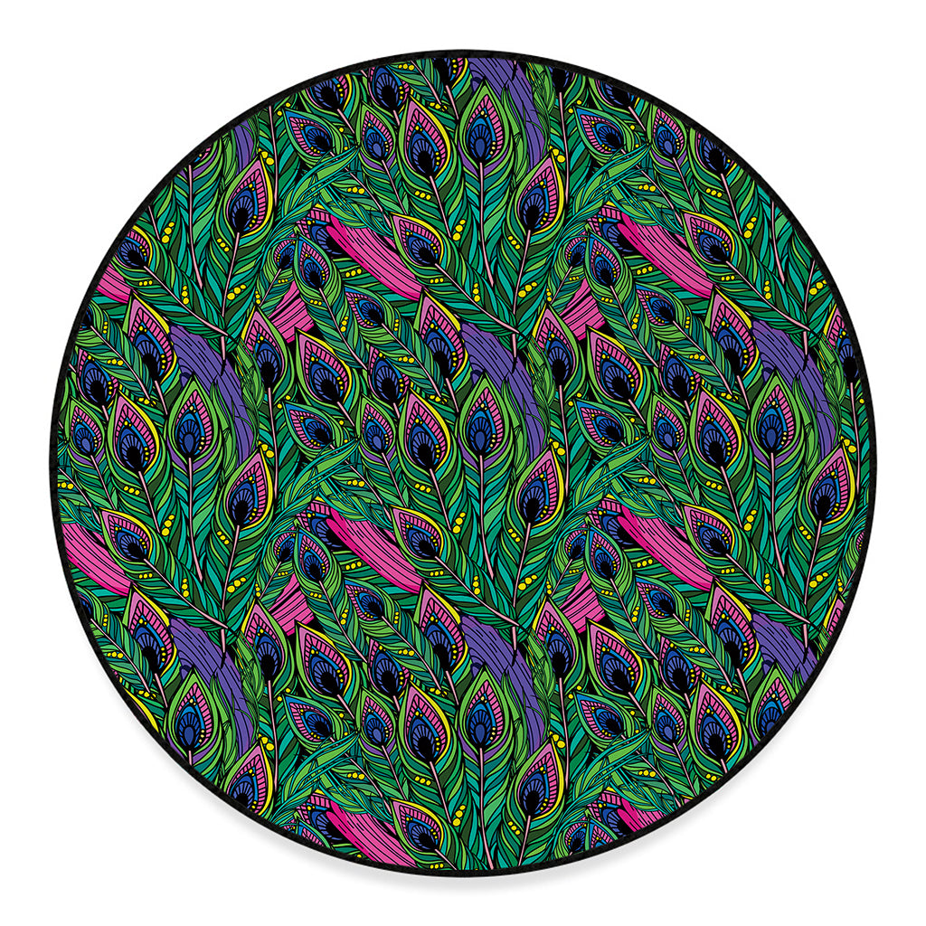 Boho Peacock Feather Pattern Print Round Floor Mat