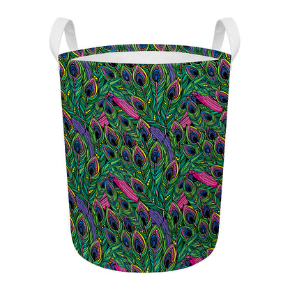 Boho Peacock Feather Pattern Print Round Laundry Basket