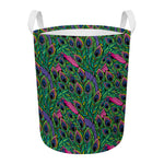 Boho Peacock Feather Pattern Print Round Laundry Basket