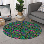 Boho Peacock Feather Pattern Print Round Rug