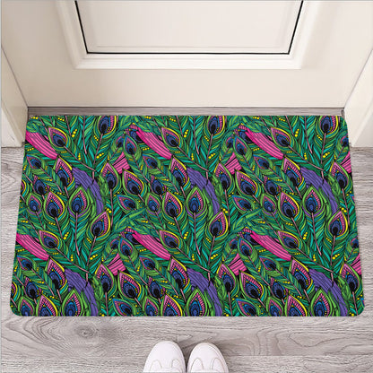 Boho Peacock Feather Pattern Print Rubber Doormat